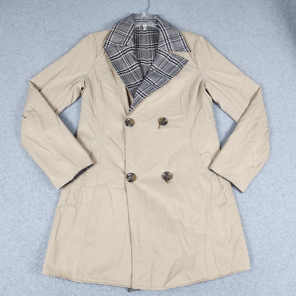 Sam Edelman Trench Coat Women M Tan Plaid Lined Classic Double Breasted 4 Button